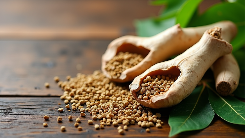Ashwagandha root with stress relief icons